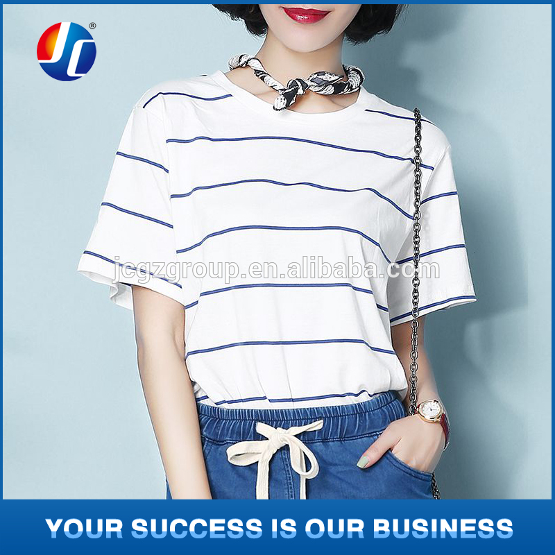 白と青の縞模様の女性緩いt- シャツラウンド襟付き-プラスサイズTシャツ問屋・仕入れ・卸・卸売り