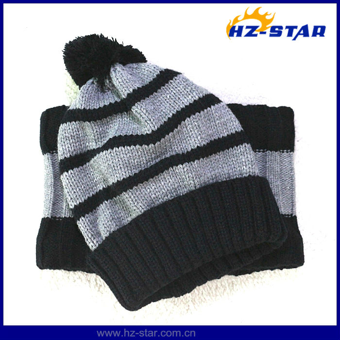 新しい黒とグレーのストライプhzm-13555冬用帽子pompomneckwarmer編み物セット子供のための-ベビー服セット問屋・仕入れ・卸・卸売り