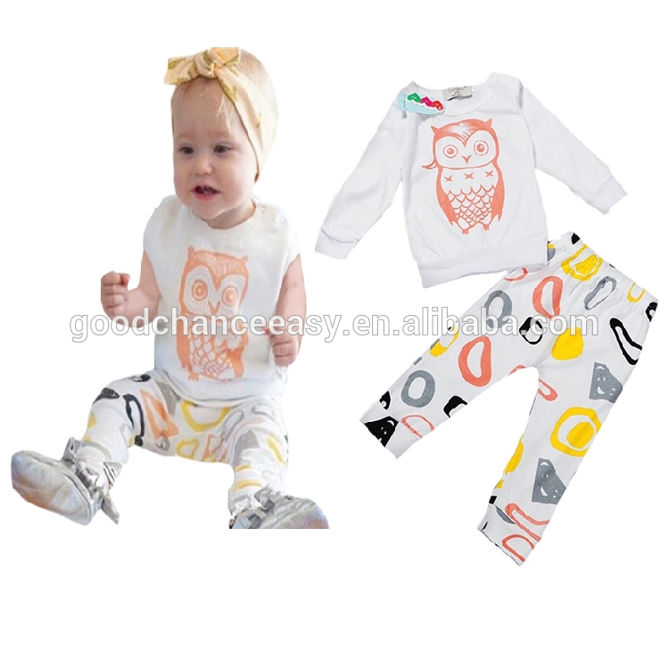 16026新しいスタイル赤ちゃんフクロウ長袖tシャツ+パンツ二枚/セット赤ちゃん服セット-ベビー服セット問屋・仕入れ・卸・卸売り
