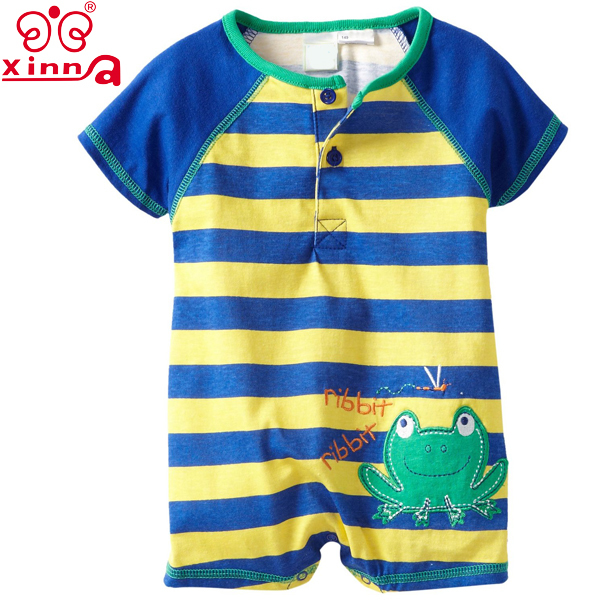 夏の幼児ブルーと黄色の縞模様のカエルロンパースの赤ん坊の摩耗-ベビーロンパース問屋・仕入れ・卸・卸売り