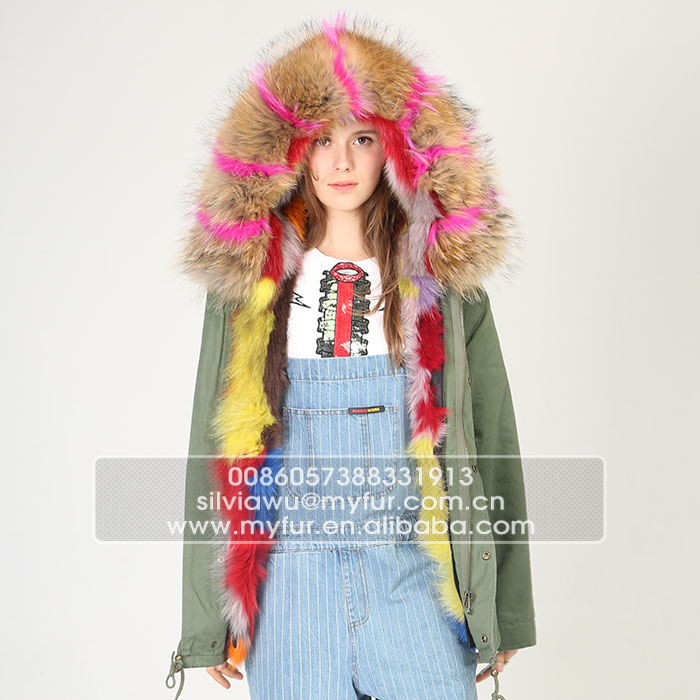 Myfurファッション女性パーカージャケットでリアルフォックス毛皮の裏地と自然アライグマの毛皮の襟フード-コート問屋・仕入れ・卸・卸売り