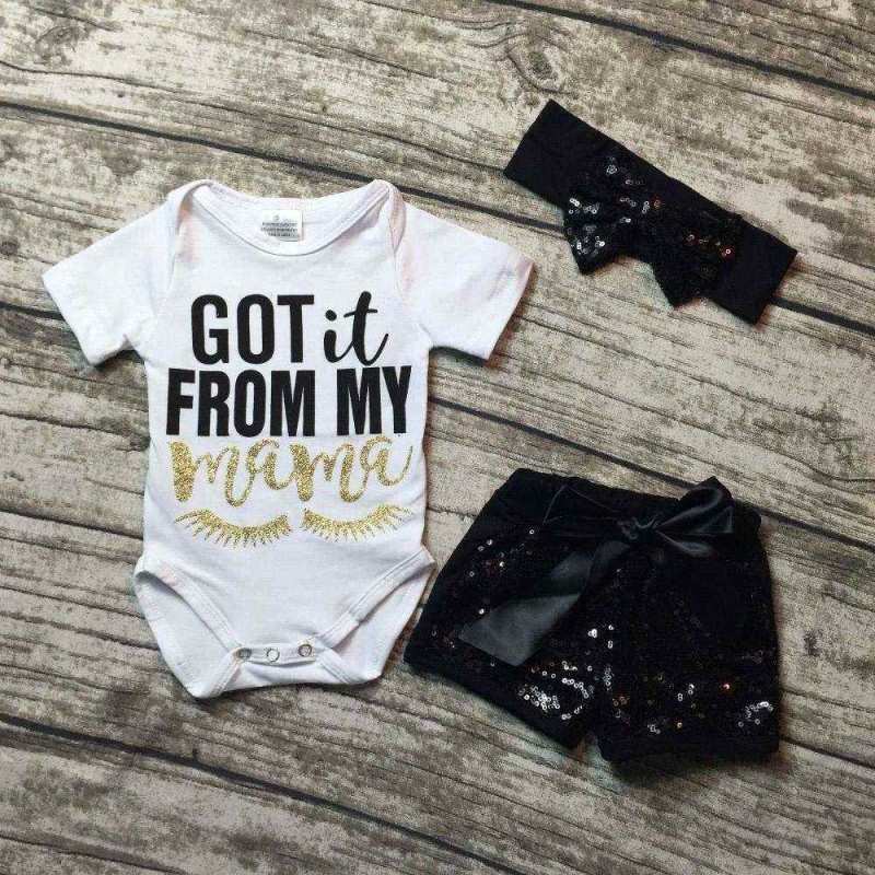 幼児赤ちゃんの女の子ブティック服セット幼児服を得たそれから私のママロンパース付きブラックショーツgwithカチューシャ-ベビー服セット問屋・仕入れ・卸・卸売り