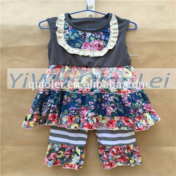 ホット販売子供服フリルノースリーブ黒マッチングトップスストライプフリルfroralデザイン子供ブティック服夏-ベビー服セット問屋・仕入れ・卸・卸売り