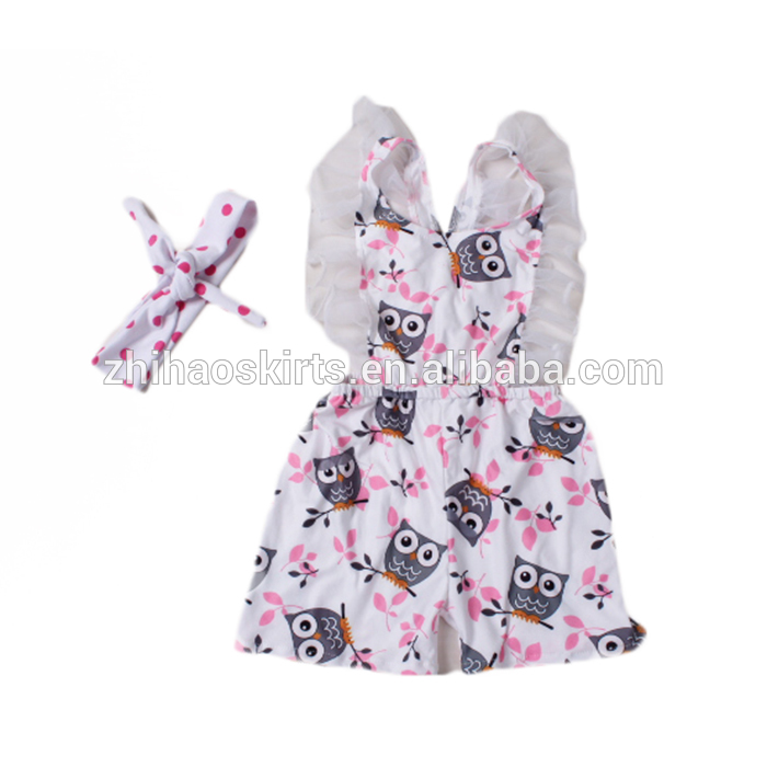 かわいい女の子フクロウプリントシフォンフリル袖ショートパンツニット綿夏赤ちゃんポンポンポンポンロンパース-ベビーロンパース問屋・仕入れ・卸・卸売り