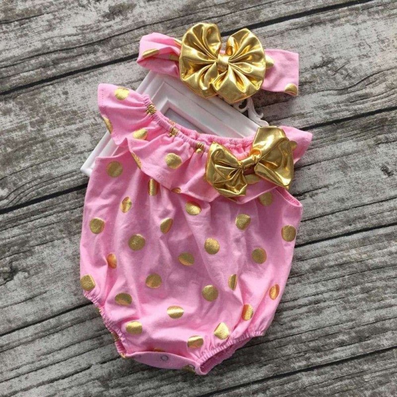 新しいデザインの赤ちゃんの女の子服幼児ロンパースピンクゴールドポルカドットロンパースでヘッドバンド-ベビーロンパース問屋・仕入れ・卸・卸売り