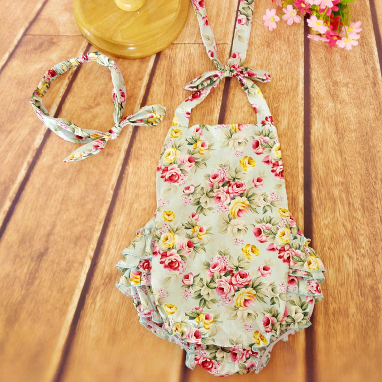 ベビー女の子花プリントフリルロンパース夏ドレス付きカチューシャベビーロンパースセット-ベビーロンパース問屋・仕入れ・卸・卸売り