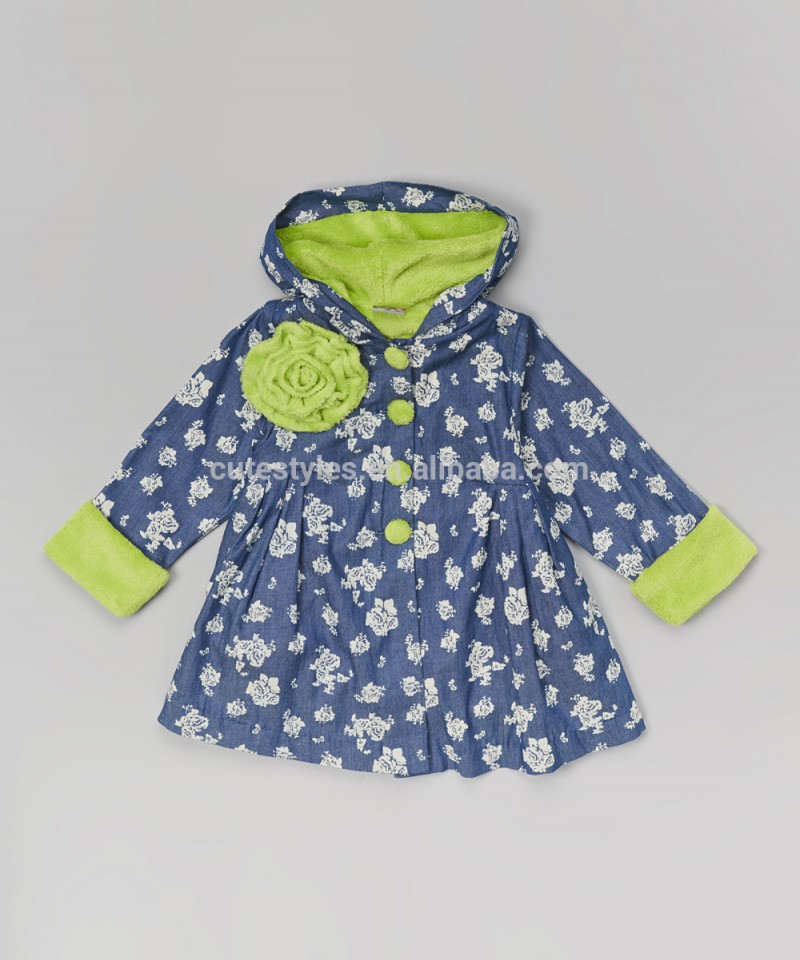 高品質の綿デニムライムグリーンの花フード付きコートの幼児z-oc80627-19スイングの子供服-プラスサイズコート問屋・仕入れ・卸・卸売り