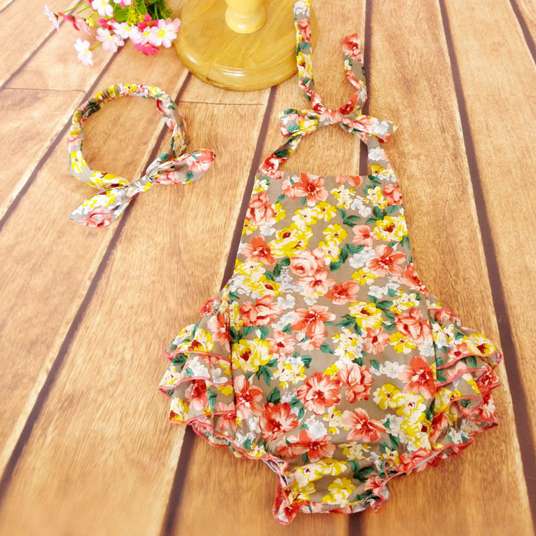 ヴィンテージの花プリントジャンプスーツ100%コットンドレス幼児の女の子服セット夏の赤ちゃんロンパース-ベビーロンパース問屋・仕入れ・卸・卸売り