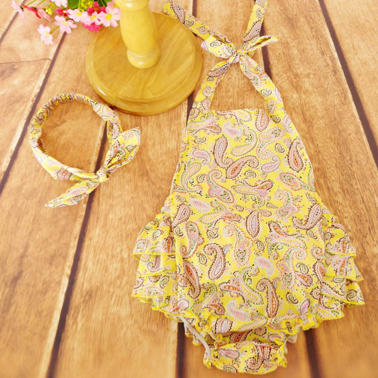 黄色の花プリントボディスーツ綿フリルブルマ鉢巻き服セットプリンセスベビーロンパース-ベビーロンパース問屋・仕入れ・卸・卸売り