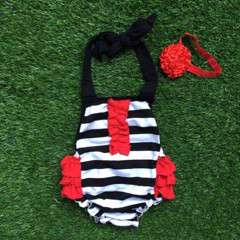 2016新しい赤ちゃんの女の子の子供赤と黒のストライプロンパース幼児服赤ちゃん子供着用マッチングヘッドバンド付きセット-ベビーロンパース問屋・仕入れ・卸・卸売り