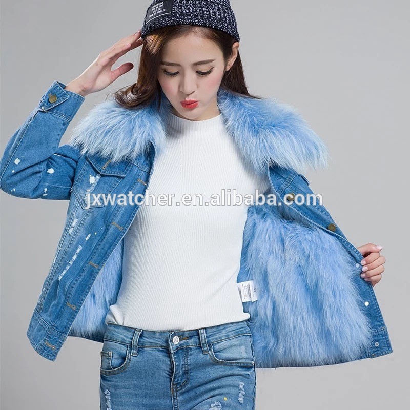 2016女性の冬パーカーコート卸売リアルフォックス毛皮並ぶデニムジャケットでアライグマの毛皮の襟-ジャケット問屋・仕入れ・卸・卸売り