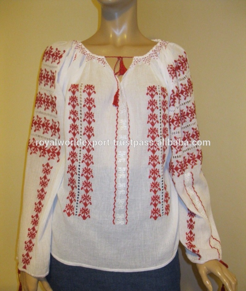 大サイズホットembroiderdルーマニア農民ブラウス/伝統ルーマニア語スタイルセクシーなコットントップ/ヴィンテージ農民casul白いチュニック-プラスサイズシャツ、ブラウス問屋・仕入れ・卸・卸売り