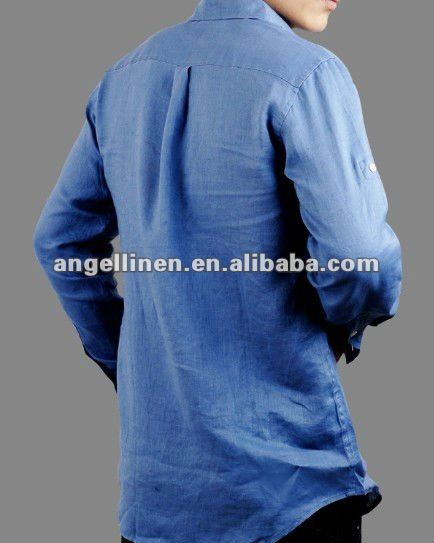 濃紺色の長い袖が付いているリネンブラウス-プラスサイズシャツ、ブラウス問屋・仕入れ・卸・卸売り