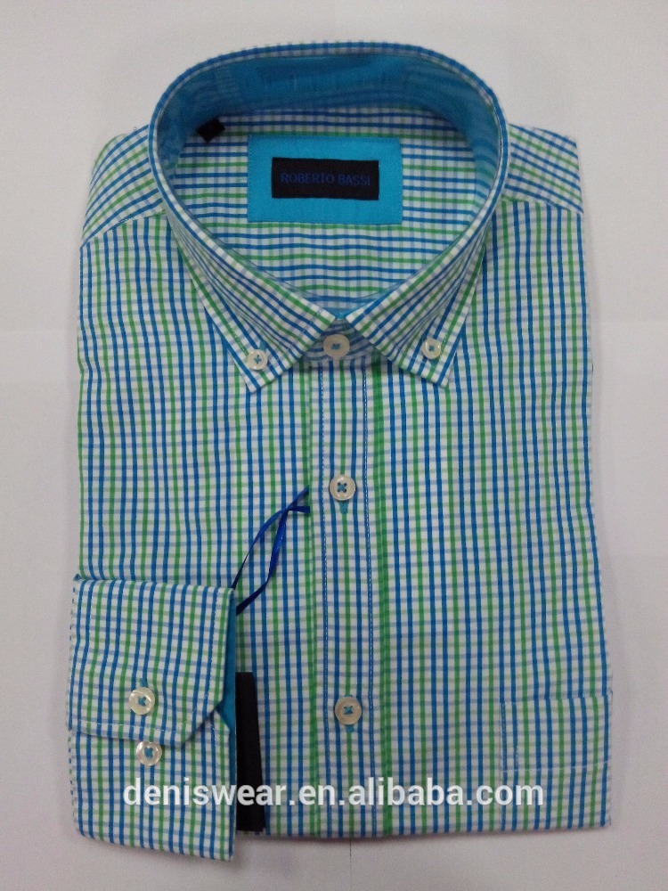 メンズ綿ブルーとグリーンチェック模様付きボタンダウンカジュアルシャツ2016新しいスタイル-プラスサイズシャツ、ブラウス問屋・仕入れ・卸・卸売り