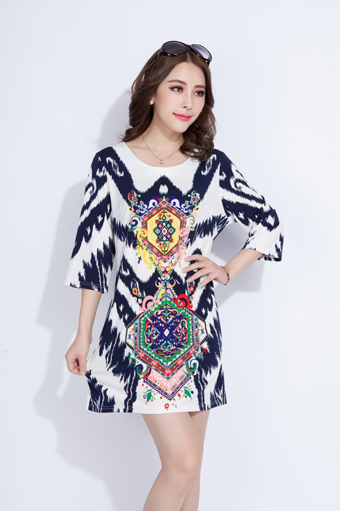 2015最新のファッションのドレスの女性のための、 ファッションレディースドレス、 半袖花柄のシフトドレス-カジュアルドレス問屋・仕入れ・卸・卸売り