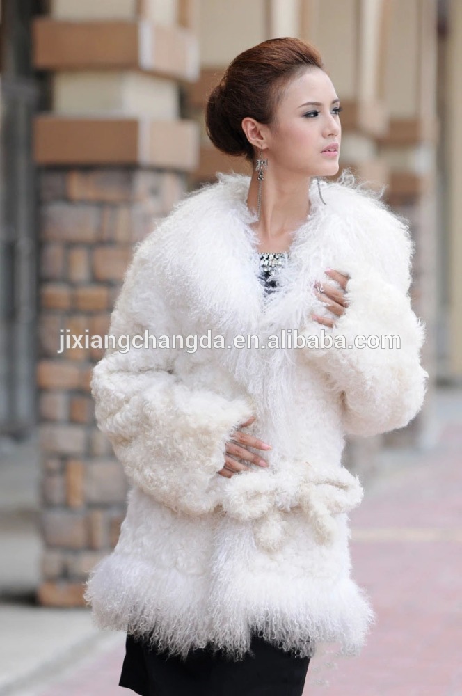 高品質ホワイト子羊毛皮ジャケットでモンゴル子羊毛皮トリミングデザイン用女性-ジャケット問屋・仕入れ・卸・卸売り