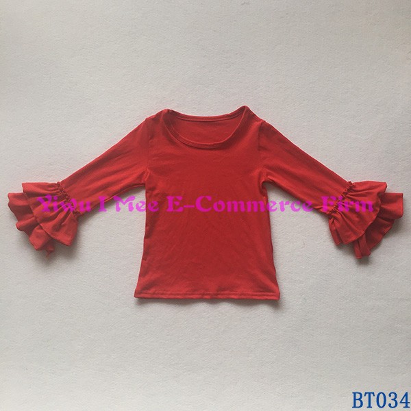 最新のデザインの女の子トップブティック子供平野赤綿ダブルフリル長袖シャツ-キッズ服　シャツ、トップス問屋・仕入れ・卸・卸売り
