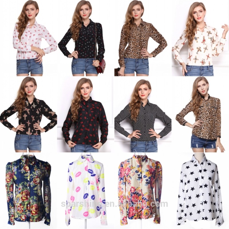 ロングスリーブ最新ファッションフローラルプリントデザイン女性シフォンシャツレディースブラウス&トップ-プラスサイズシャツ、ブラウス問屋・仕入れ・卸・卸売り