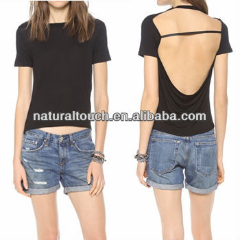 女性のボートネックショートスリーブ背中が大きく開いトップ/ブラウス/のtシャツ( ntf03059)-プラスサイズシャツ、ブラウス問屋・仕入れ・卸・卸売り