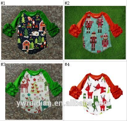 クリスマス休暇ラグランtシャツ鹿サンタパターン3/4アイシングラグランフリル裾/袖子供綿母シャツ-キッズ服　シャツ、トップス問屋・仕入れ・卸・卸売り