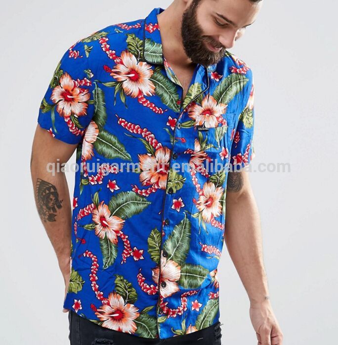 中国工場カスタム夏熱い販売メンズファッション通気性ハワイアンプリント半袖シャツQR-3005-プラスサイズシャツ、ブラウス問屋・仕入れ・卸・卸売り