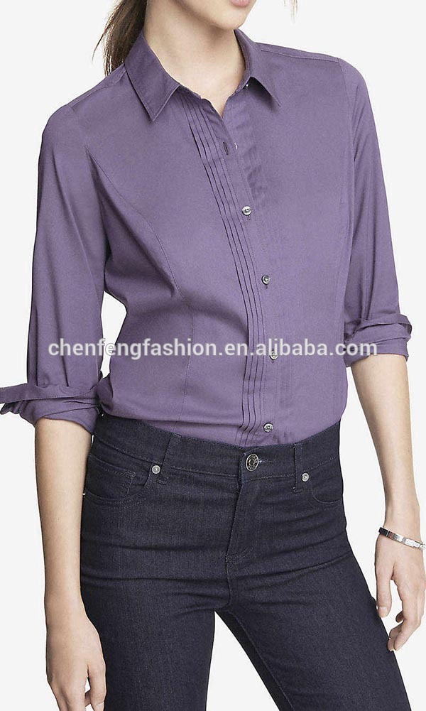 Chefon長袖pintuckedフロントイージーケア2016オフィス制服のデザイン女性ブラウス-プラスサイズシャツ、ブラウス問屋・仕入れ・卸・卸売り