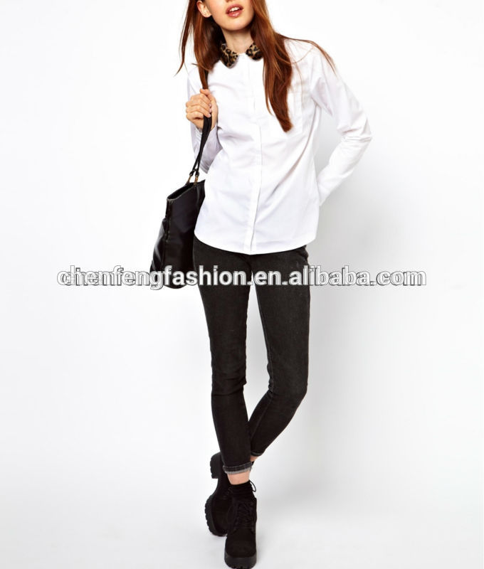 毛皮トリムカラーがchefonコントラストカラー長袖ボタンシャツの女性の下cat0038-プラスサイズシャツ、ブラウス問屋・仕入れ・卸・卸売り