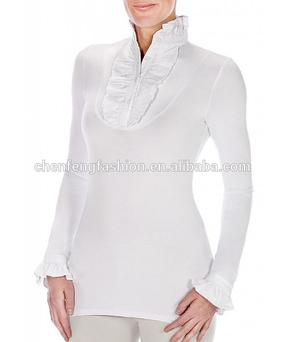 Chefonジャージーフリルホワイト女性ブラウス冬2016ファッション-プラスサイズシャツ、ブラウス問屋・仕入れ・卸・卸売り