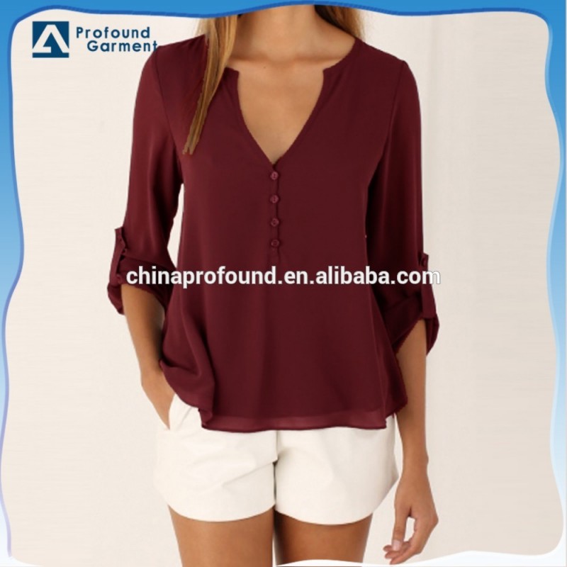 夏ファンシーシフォンカジュアルvネック赤女性ブラウスシャツ-プラスサイズシャツ、ブラウス問屋・仕入れ・卸・卸売り