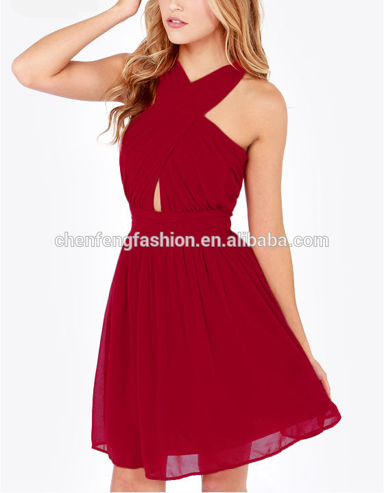 絹のような暗赤色chefonシフォンホルター十字形暗赤色集まったボディスドレス-プラスサイズドレス、スカート問屋・仕入れ・卸・卸売り