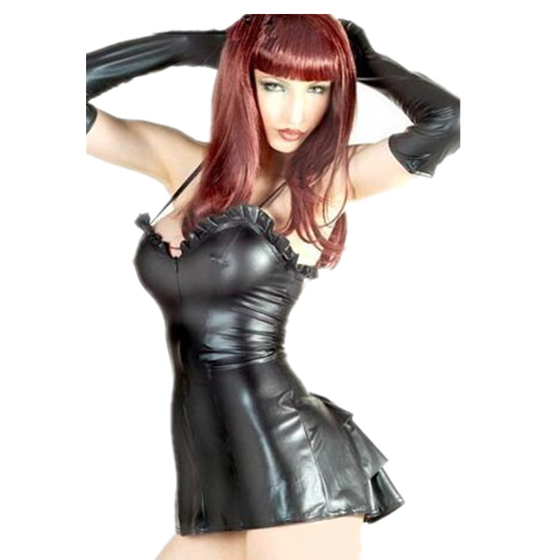 ムーンバニープラスサイズ安いレディースストラップブラックpvcレザーフリルクラブ摩耗ダンスドレス卸売moq 1セット-プラスサイズドレス、スカート問屋・仕入れ・卸・卸売り