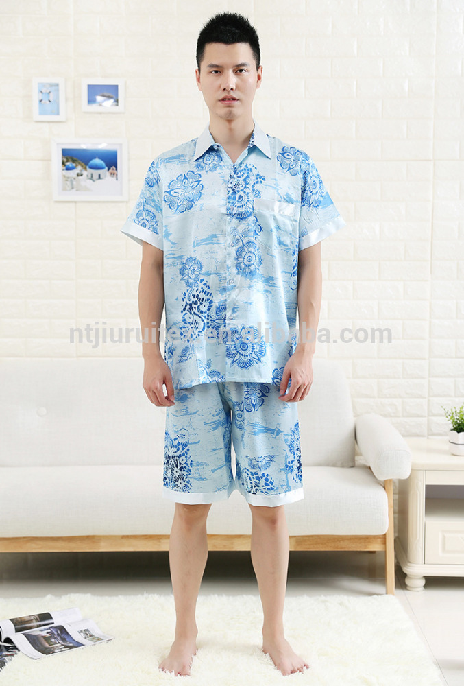 Oem男性のポリエステルサテン半袖シャツ&弾性ウエストバンドショートパンツパジャマセット-パジャマ、寝間着問屋・仕入れ・卸・卸売り