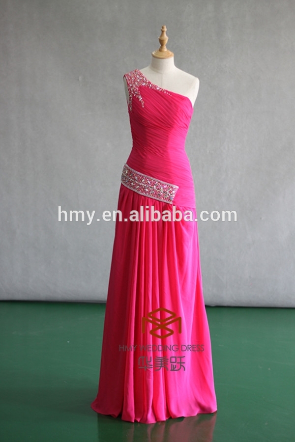 花嫁介添人ドレス長いhmy-d457最高品質優雅な花嫁介添人ドレスプリーツイブニングドレス片方の肩シフォン花嫁介添人ドレス-プラスサイズドレス、スカート問屋・仕入れ・卸・卸売り