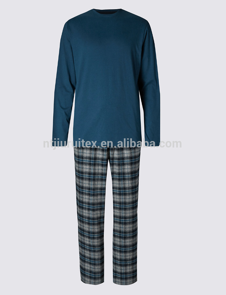 男性の100%綿ニット長袖tシャツ&糸染料チェック織睡眠ズボンパジャマセット-パジャマ問屋・仕入れ・卸・卸売り