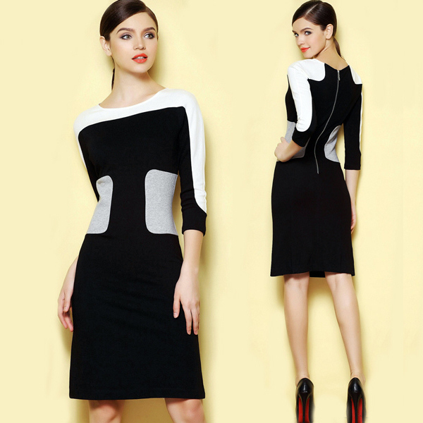 ヨーロッパの服のブランドカラーブロックwhosale3/4スリーブ女性のためのオフィスのドレス-プラスサイズドレス、スカート問屋・仕入れ・卸・卸売り