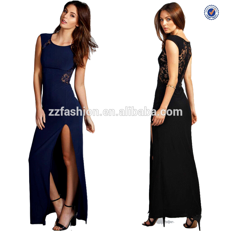 黒カスタム2015ファッションセクシーな女の子のレースのバック太ももスプリットスカート長い夜のパーティーカクテルクラブマキシドレス-プラスサイズドレス、スカート問屋・仕入れ・卸・卸売り