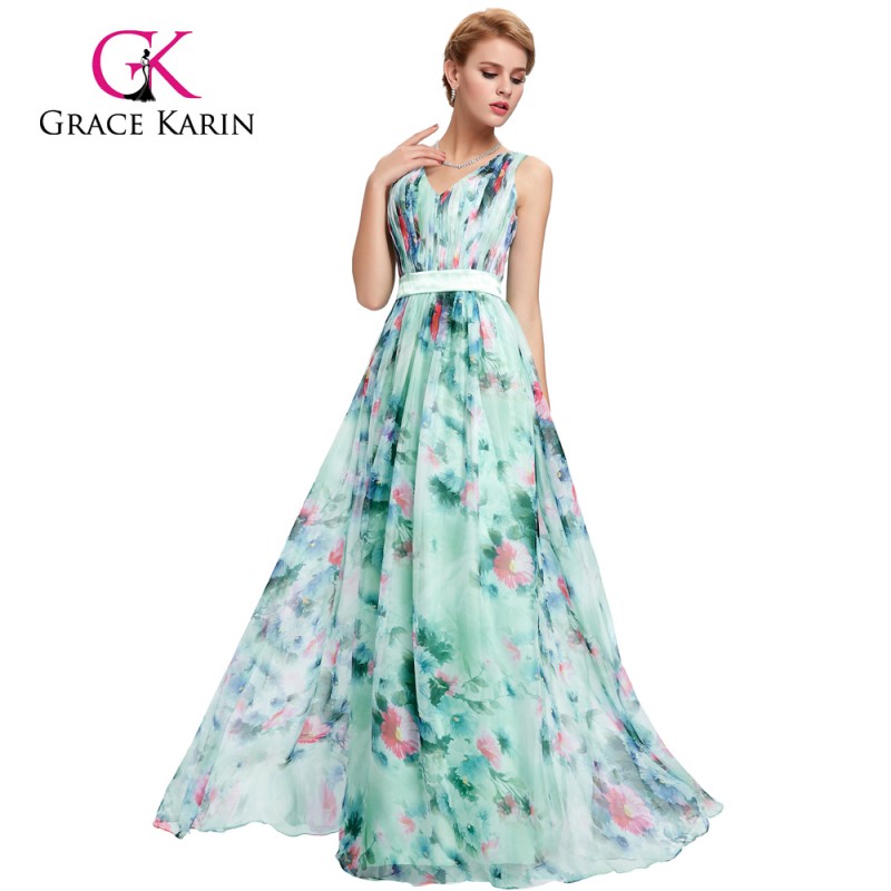 グレースカリンノースリーブvネック花プリント柄シフォンウエディングドレスGK000066-1-プロムドレス問屋・仕入れ・卸・卸売り