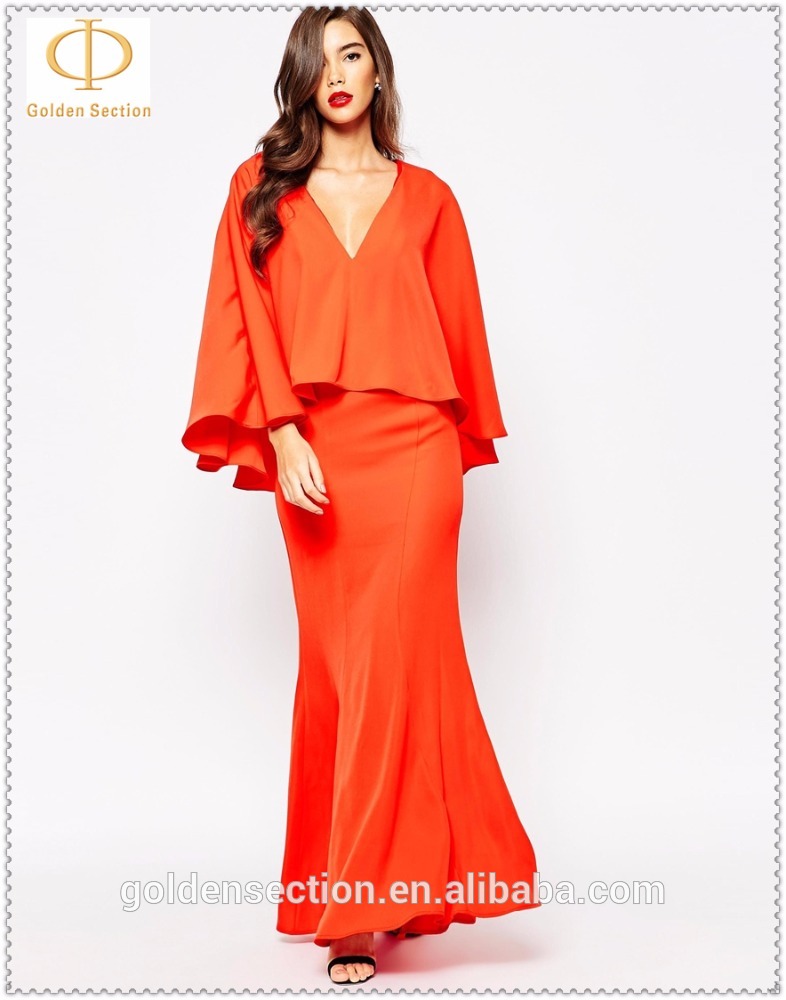 2016夏のファッションセクシーな赤いクレープ岬ボディコンドレスでマーメイド裾-カクテルドレス問屋・仕入れ・卸・卸売り