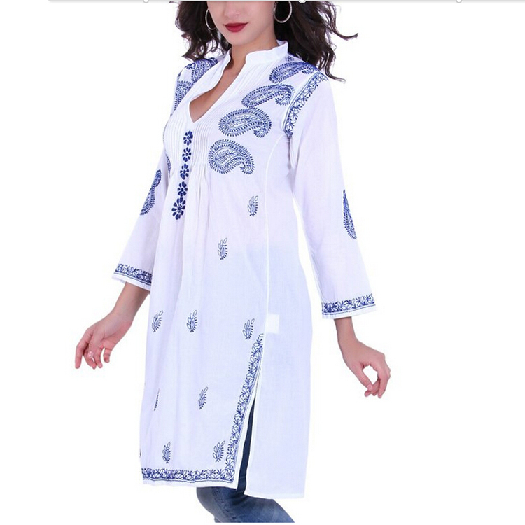 インドの女性ドレス白い綿kurti刺繍入りエスニックデザイン服-カジュアルドレス問屋・仕入れ・卸・卸売り