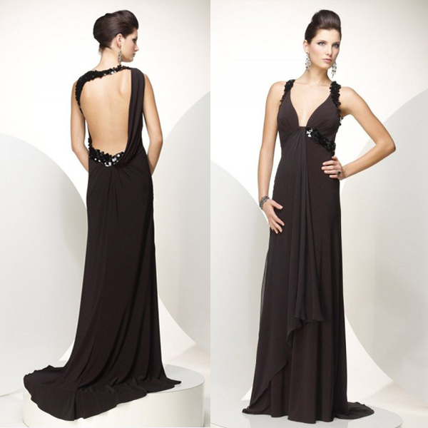 ロングシフォンhe0267黒vネック非対称スカート裾スイープトレイン安い背中が大きく開いイブニングドレスのパターン-プロムドレス問屋・仕入れ・卸・卸売り