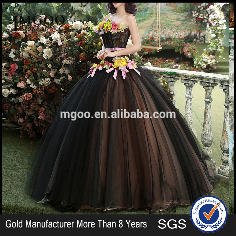 Mgoo ハイエンド黒パフ ボール ウエディングドレス美しい ブラック マキシ ドレス で カラフル な花vestidos YDYS15B0018-問屋・仕入れ・卸・卸売り