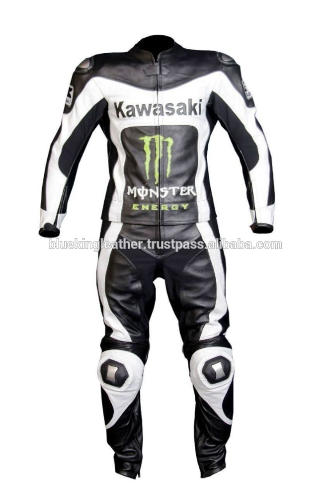 男性ブラックホワイトkawasakiレーシングmotorcycle bikerレザースーツジャケットこぶパンツ-バイクウェア問屋・仕入れ・卸・卸売り