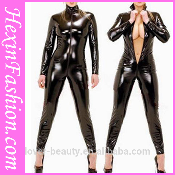ストレッチ黒ジッパー女性のためのセクシーな革キャットスーツ-全身タイツ、ジャンプスーツ問屋・仕入れ・卸・卸売り