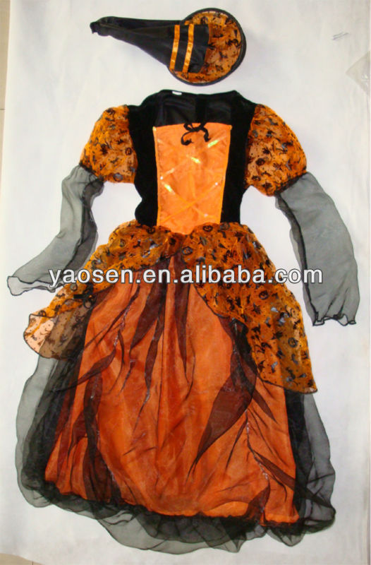 ハロウィンオレンジオーガンジー魔女ドレス衣装で魔女帽子-テレビ、映画コスチューム問屋・仕入れ・卸・卸売り