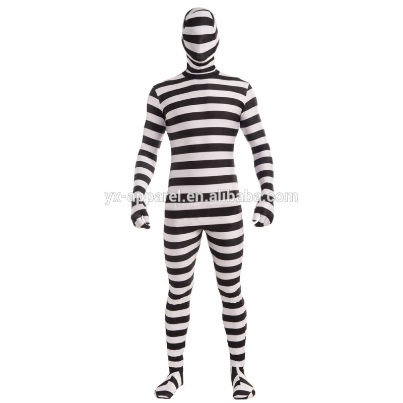白と黒の縞模様大人ックスライクラモーフスーツタイツハロウィンスパンデックス男性囚人ボディスーツ衣装-セクシーコスチューム問屋・仕入れ・卸・卸売り