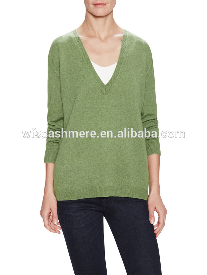 緑の長袖プルオーバーv- ネック100％カシミヤのセーターの女性-セーター問屋・仕入れ・卸・卸売り