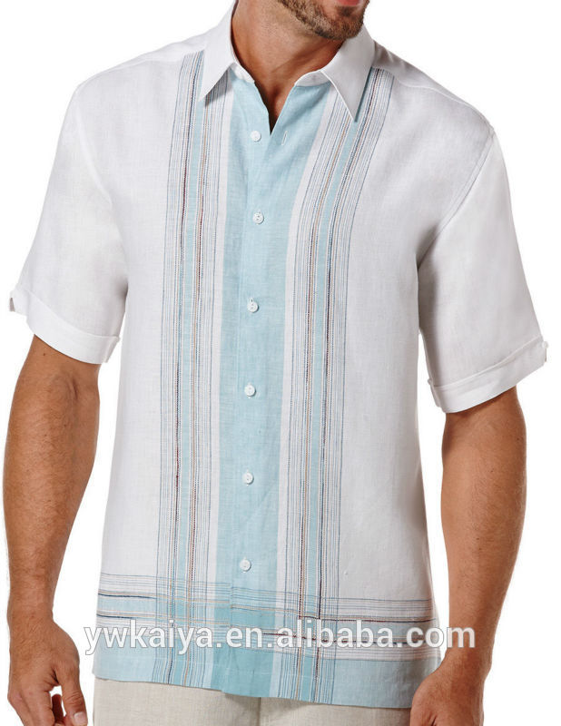 100％リネン半袖l字型設計ストライプシャツ-プラスサイズシャツ、ブラウス問屋・仕入れ・卸・卸売り