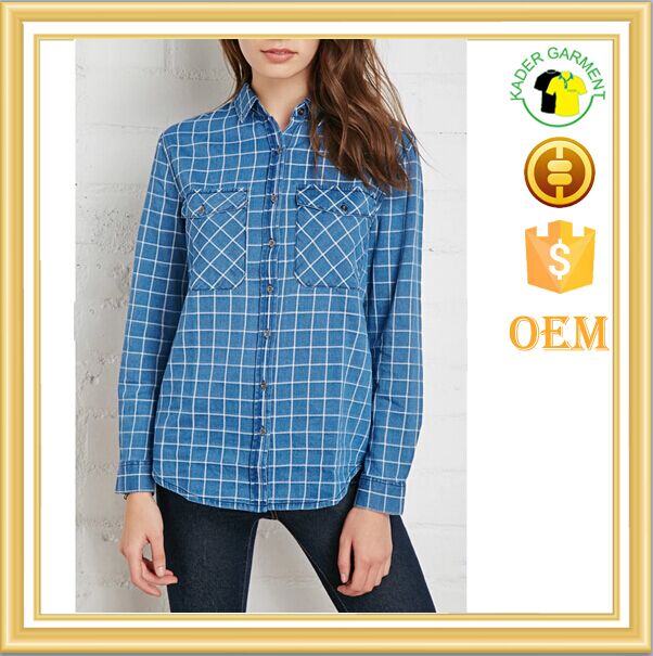 カスタム2015100％レディース青のチェック柄長袖綿のフランネルシャツ-プラスサイズシャツ、ブラウス問屋・仕入れ・卸・卸売り