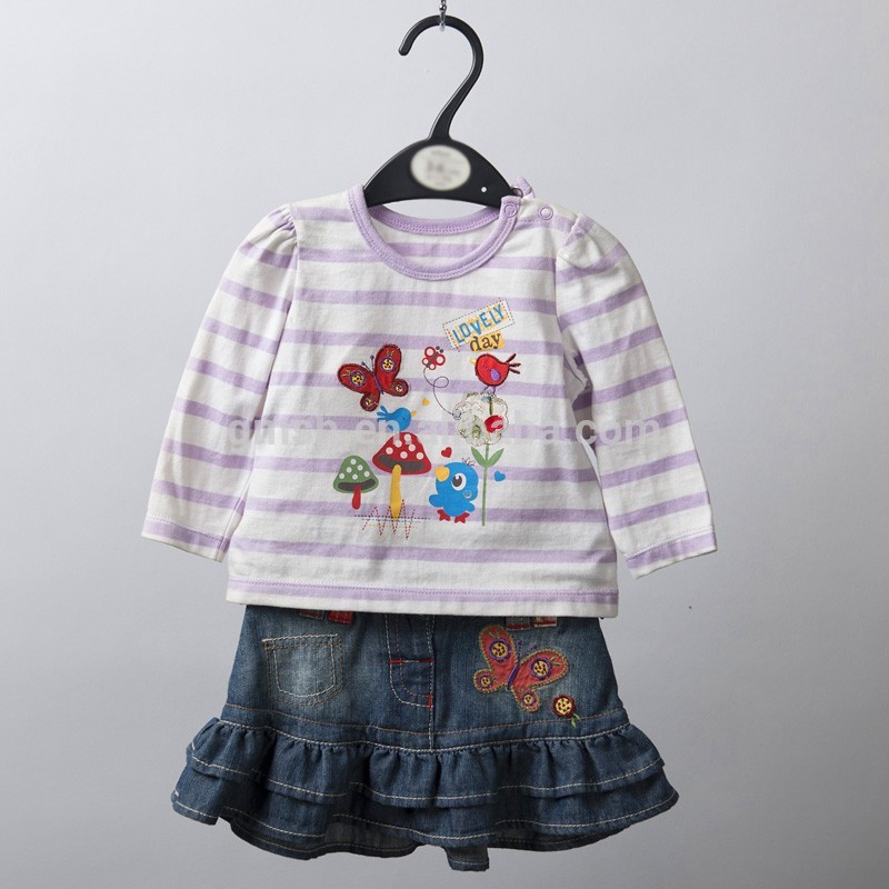 赤ちゃんの女の子の服のsets/デニムのスカートとtシャツセット蝶とアップリケと刺繍-ジュニア服（女）ドレス問屋・仕入れ・卸・卸売り