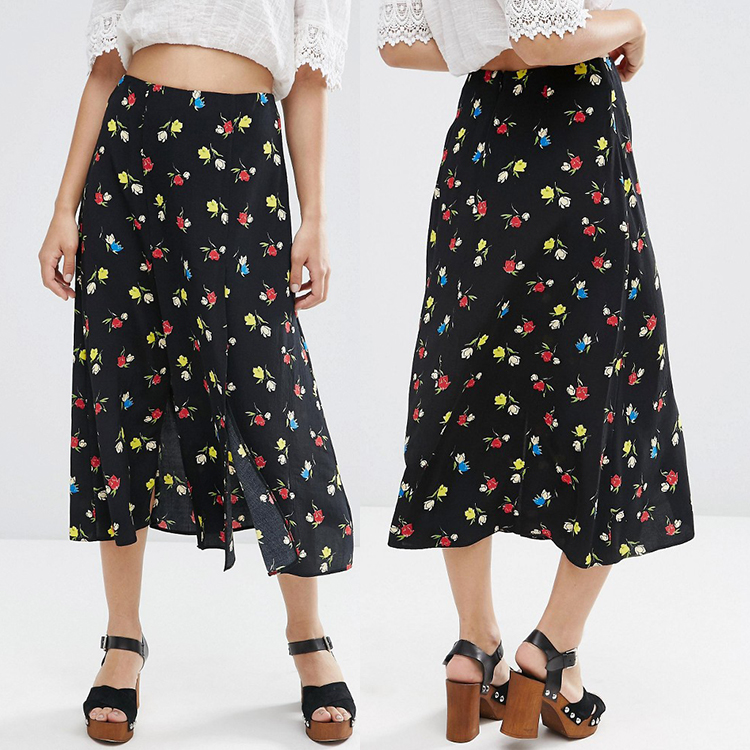 欧米の2つのフロント分割ミディファッション女性分かれスカートで花柄-プラスサイズドレス、スカート問屋・仕入れ・卸・卸売り
